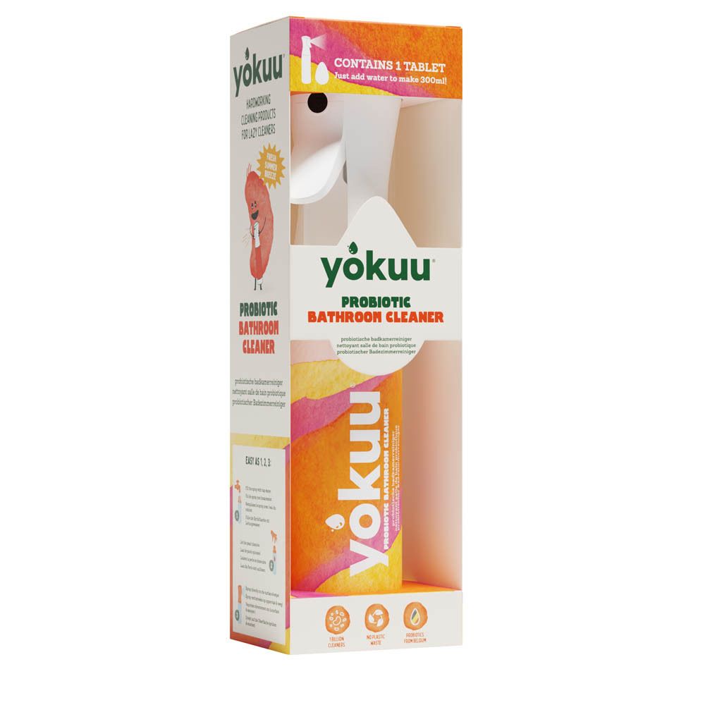 Yokuu Probiotische Badkamerreiniger. Bevat 1 tablet. Verpakking met productinformatie en logo.