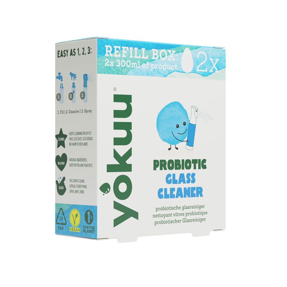 Kartonnen doos voor glasreiniger. Opschrift: yokuu, Probiotische glasreiniger, 2x 300ml. Afbeelding van blauwe vloeistof.