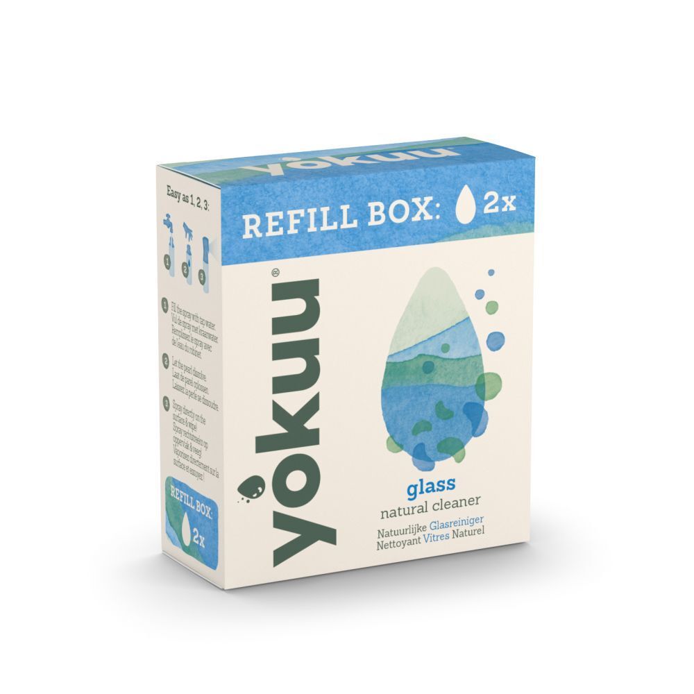 Kartonnen verpakking voor glasreiniger. Opschrift: yokuu, Refill Box, 2x. Illustratie: waterdruppel.
