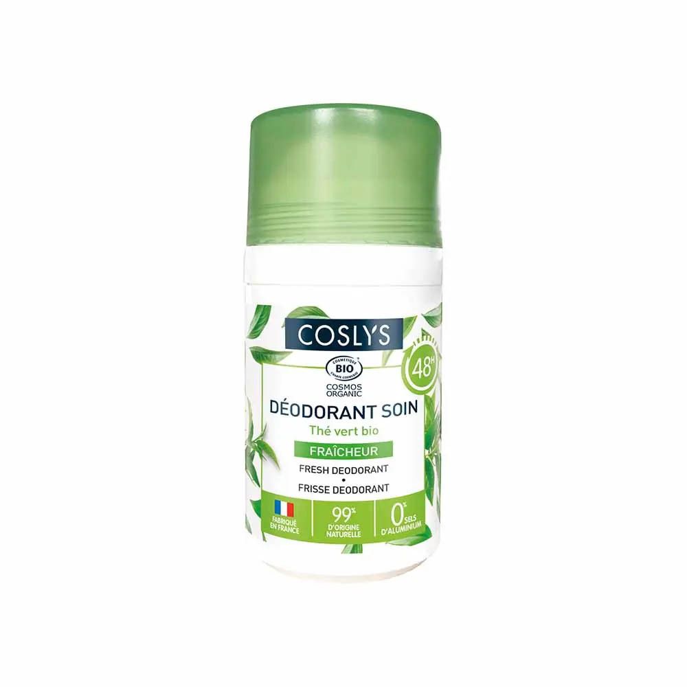 Witte roll-on met groene dop. Tekst: COSLYS, Déodorant soin fraîcheur thé vert bio, 48u, 99% natuurlijk, 0% alcohol.