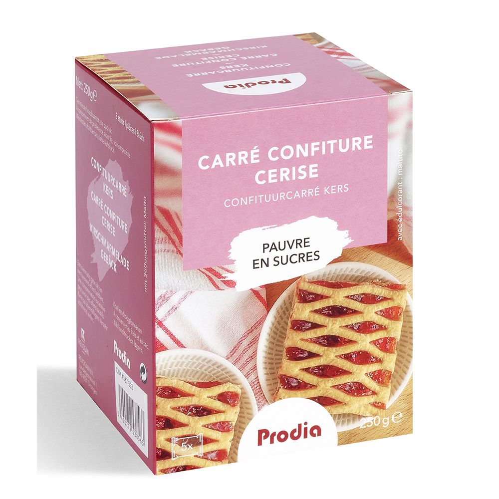 Boîte rose avec pâtisserie à la confiture de cerises. Texte: Carré Confiture Cerise, Pauvre en Sucres, Prodia. Images de pâtisseries.