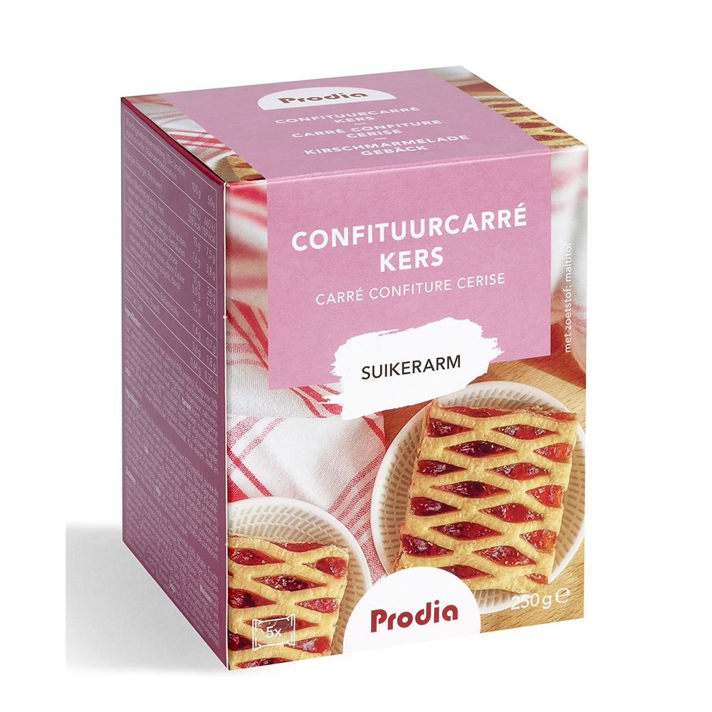Roze doos met kersengebak. Tekst: Carré Confiture Cerise, Pauvre en Sucres, Prodia. Afbeeldingen van gebakjes.