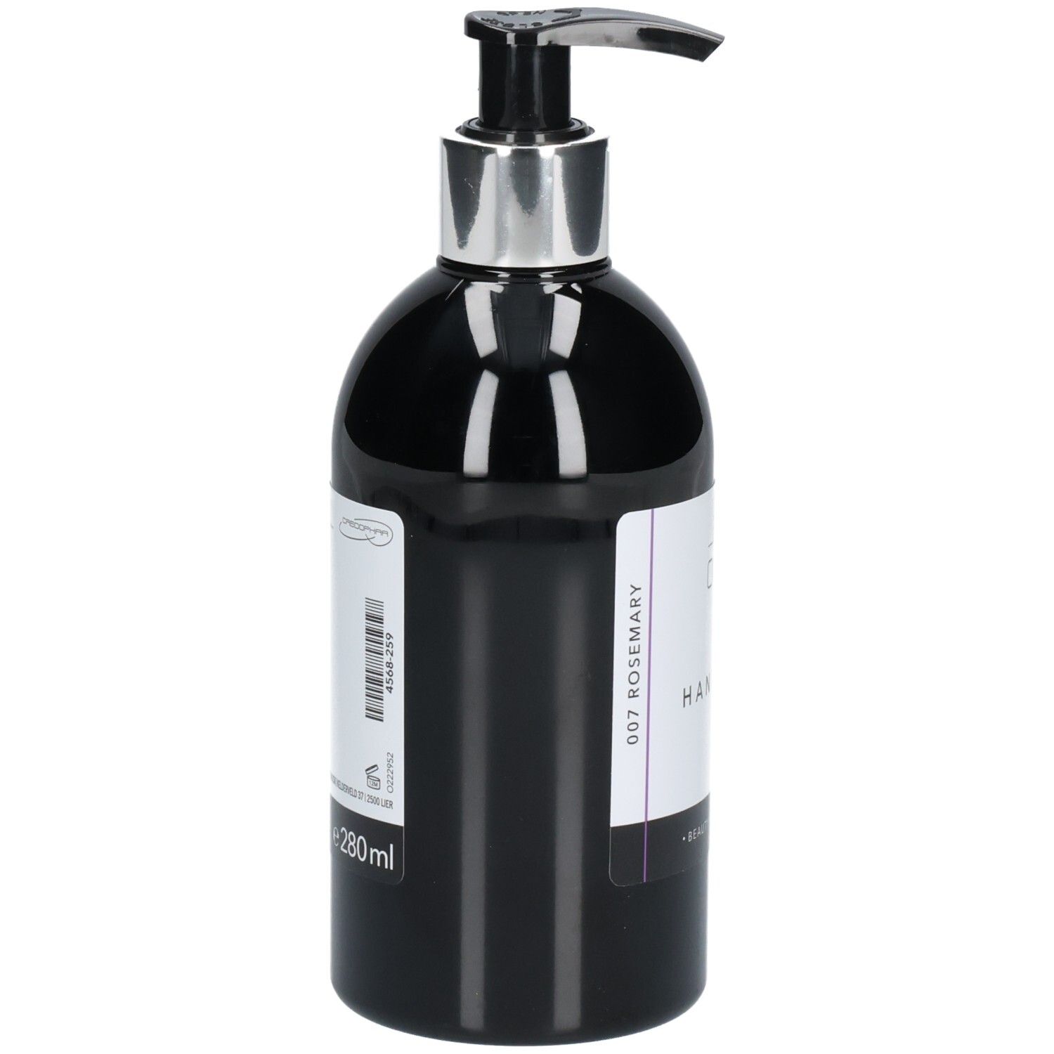 Zwarte fles met zilveren pomp. Opschrift: Oline Handwash Rosemary. 280ml. Streepjescode.