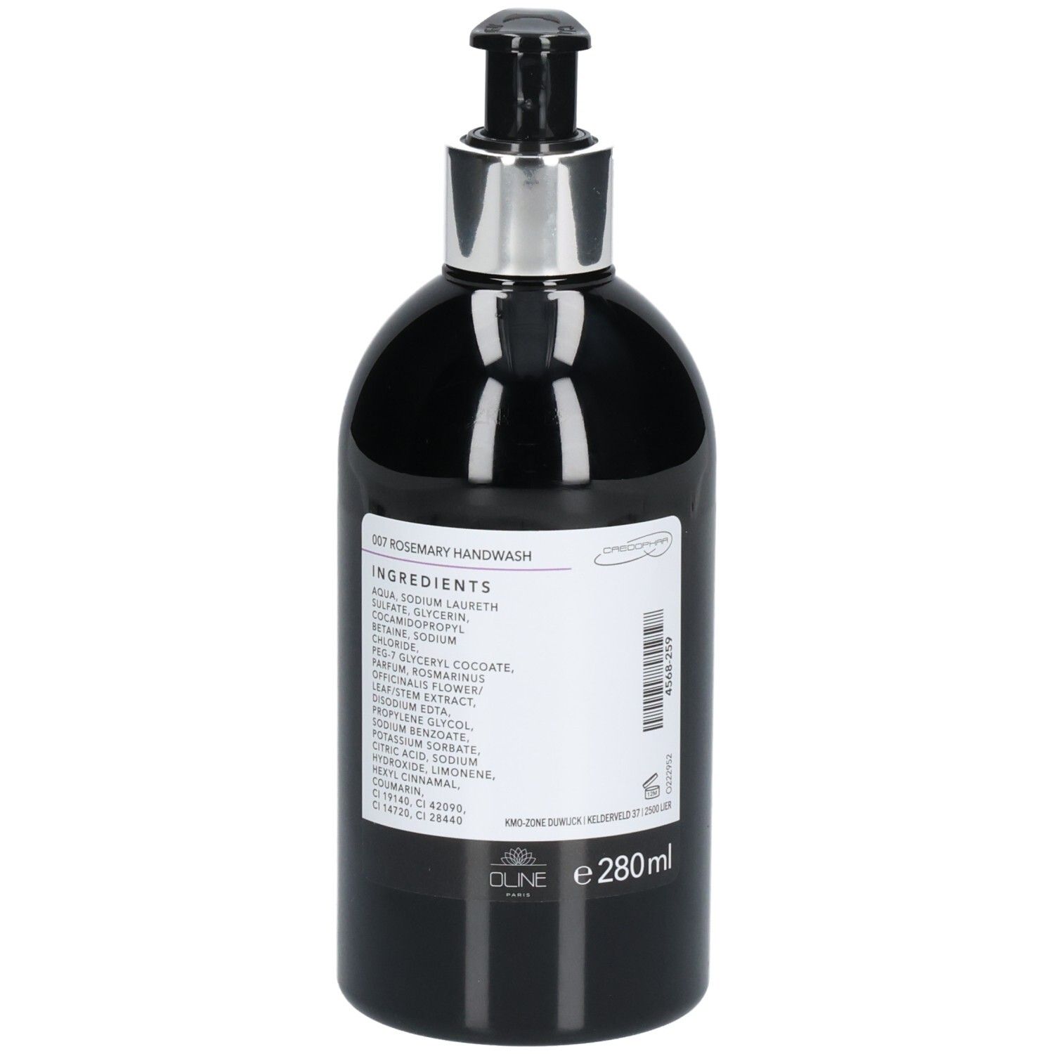 Zwarte fles met zilveren pomp. Opschrift: Oline Handwash Rosemary. Ingrediëntenlijst en 280ml.