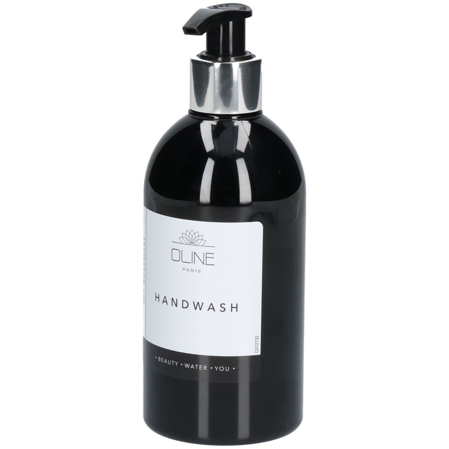 Zwarte fles met zilveren pomp. Opschrift: Oline Handwash. Etiket met tekst.