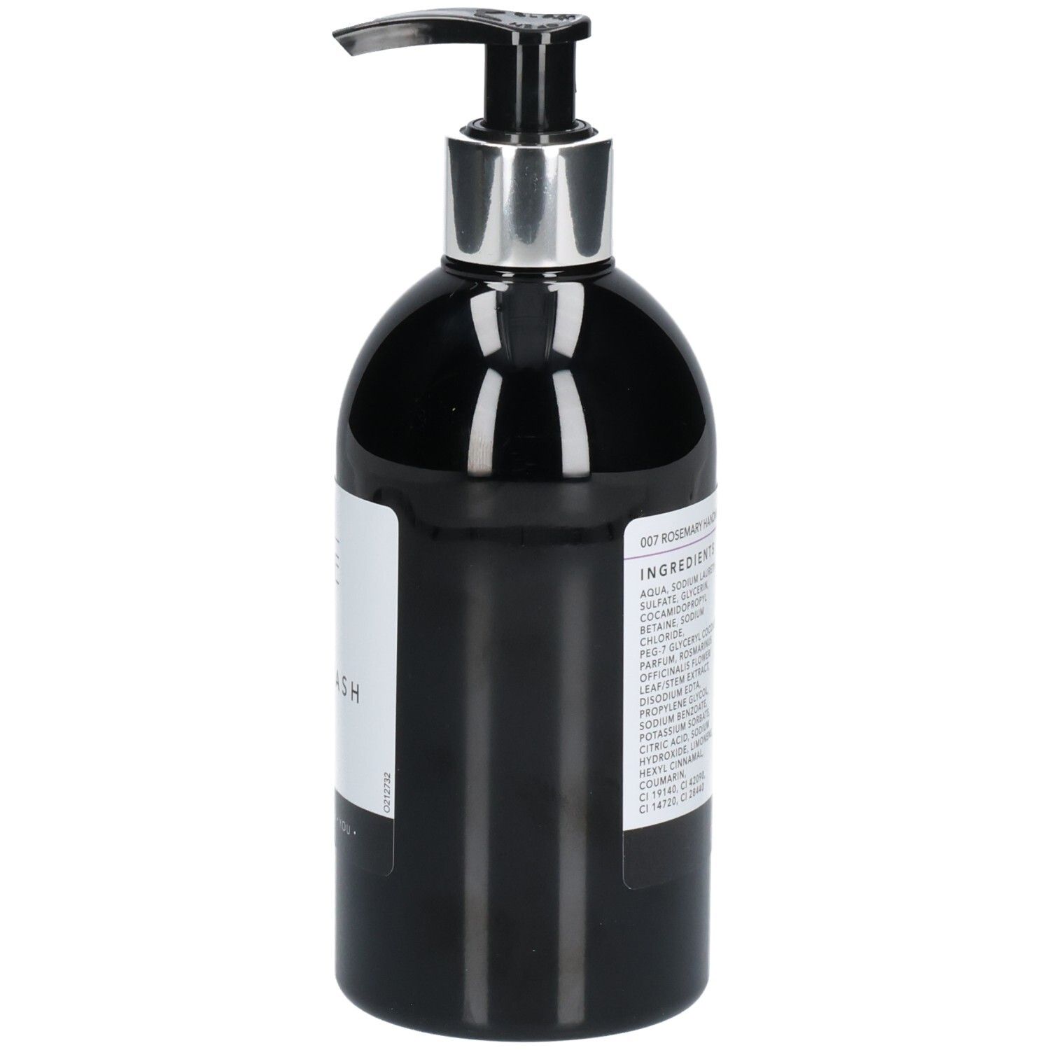 Zwarte fles met zilveren pomp. Opschrift: Oline Handwash. Ingrediëntenlijst.
