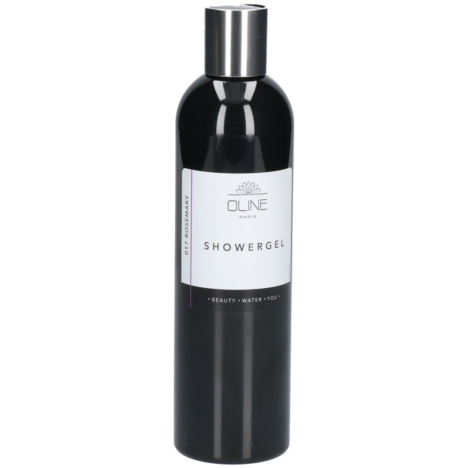 Zwarte fles met zilveren dop. Etiket met "OLINE PARIS" en "SHOWERGEL".