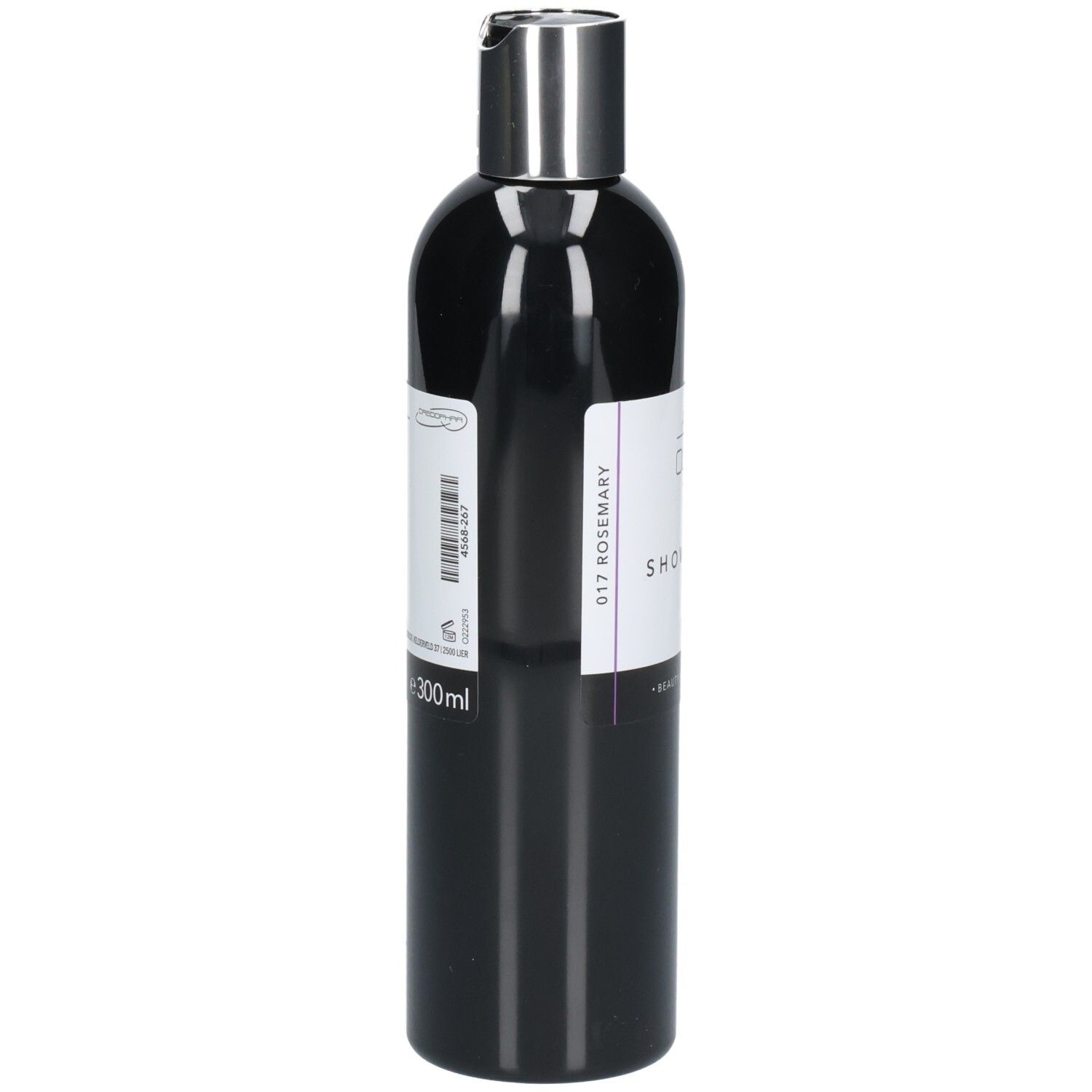 Zwarte fles met zilveren dop. Etiket met barcode en "300ml".