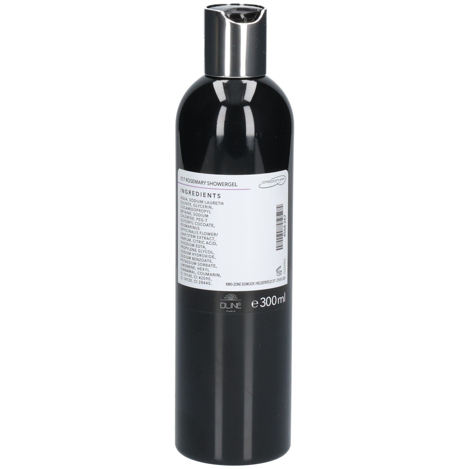 Zwarte fles met zilveren dop. Achterkant met ingrediënten en "e 300ml".