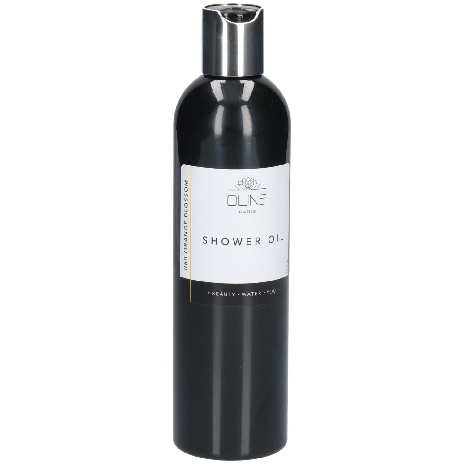Zwarte fles met zilveren dop. Wit etiket met "Oline Paris" en "Shower Oil". Tekst: "Red Orange Blossom".