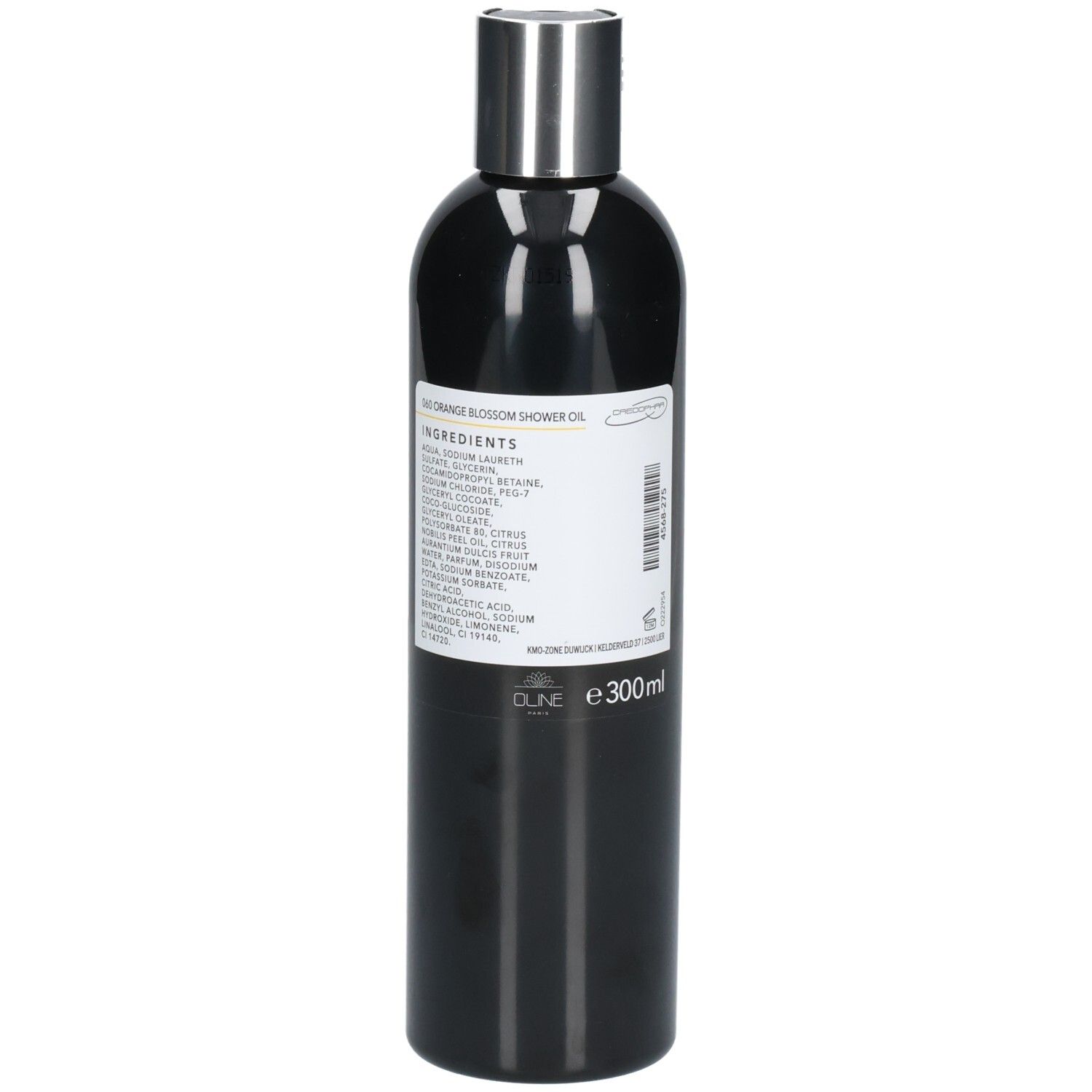 Zwarte fles met zilveren dop. Achterkant met ingrediënten en volume: 300ml. Merk: Oline.