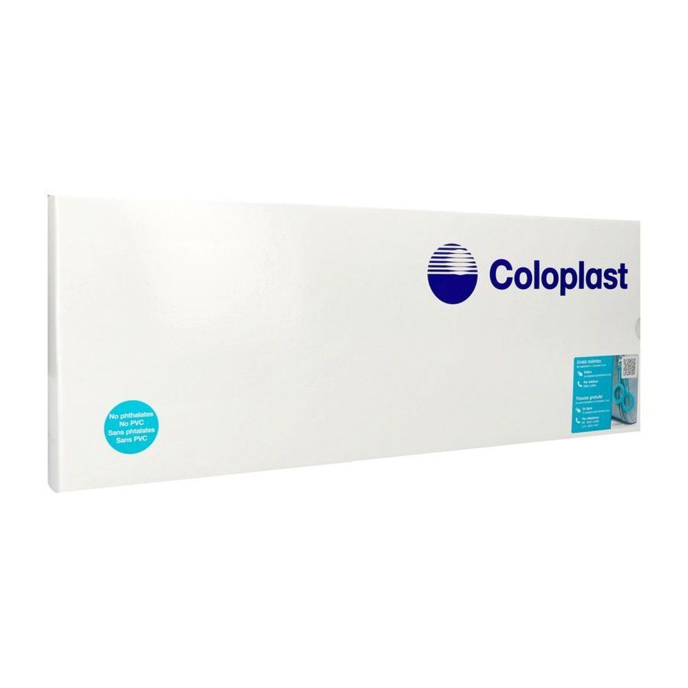 Witte verpakking met blauw Coloplast-logo. Stickers met productinformatie. Tekst: No phthalates, No PVC, sans phtalates, sans PVC.