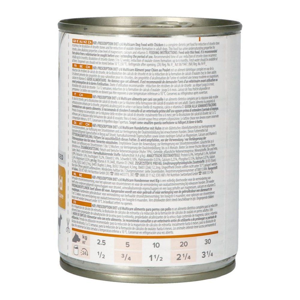 Hondenvoerblik met tekst. Hill's Prescription Diet Urinary Care c/d. Tekst in meerdere talen. Barcode en informatie.