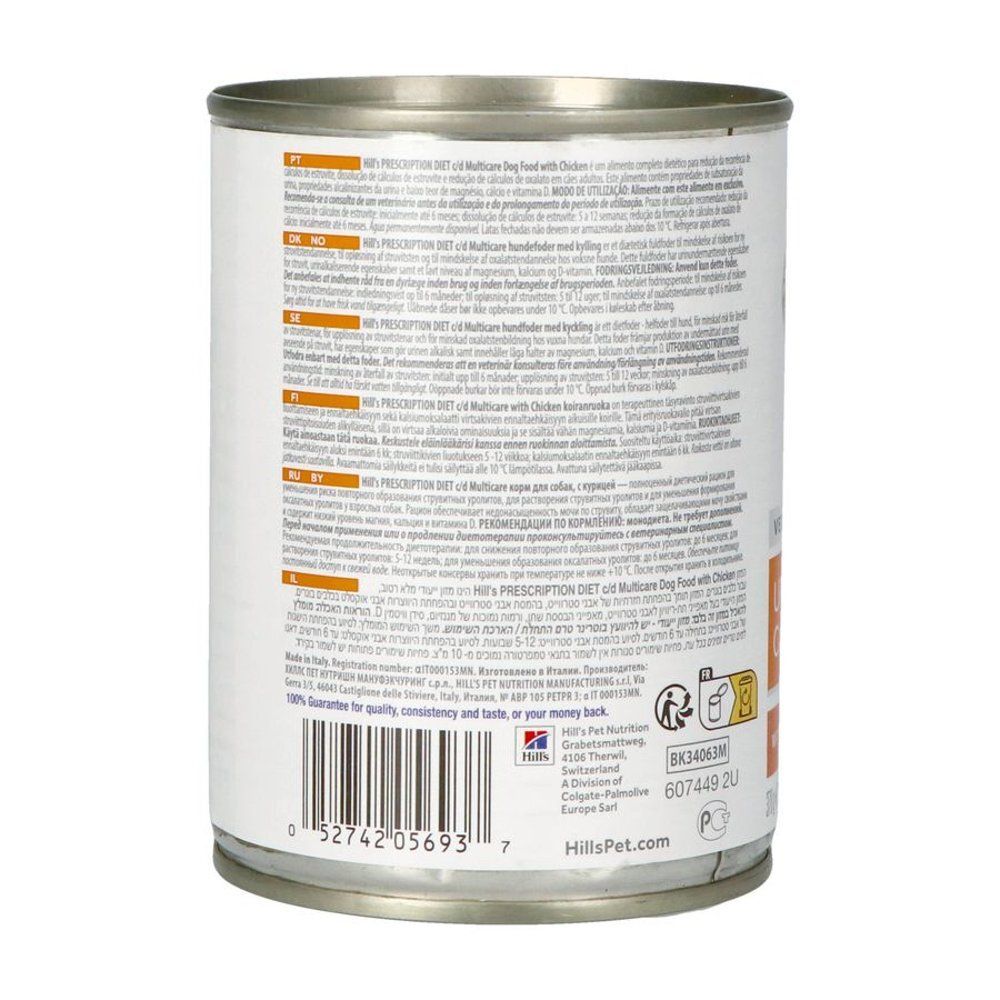 Hondenvoerblik met tekst. Hill's Prescription Diet Urinary Care c/d. Tekst in meerdere talen. Barcode en informatie.