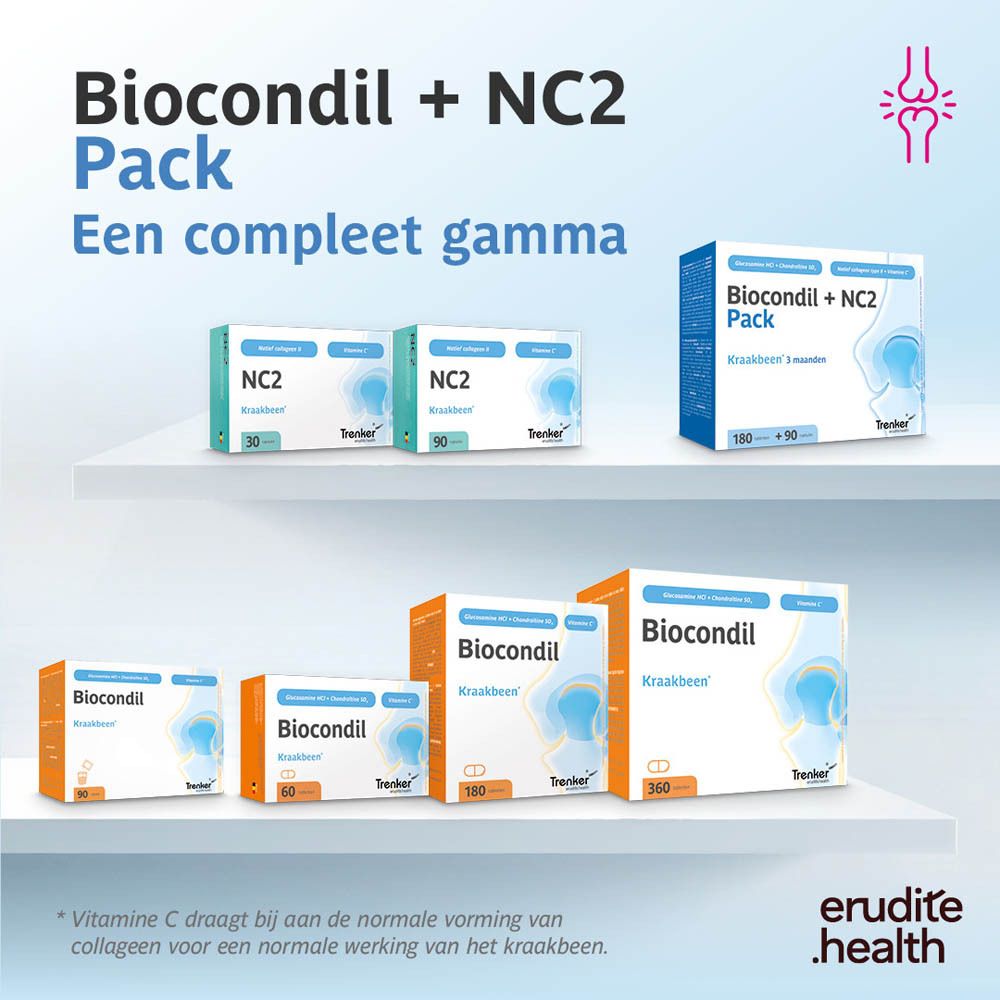 Biocondil + NC2 Pack: Verpakking van 180 tabletten en 90 capsules voor gewrichten.