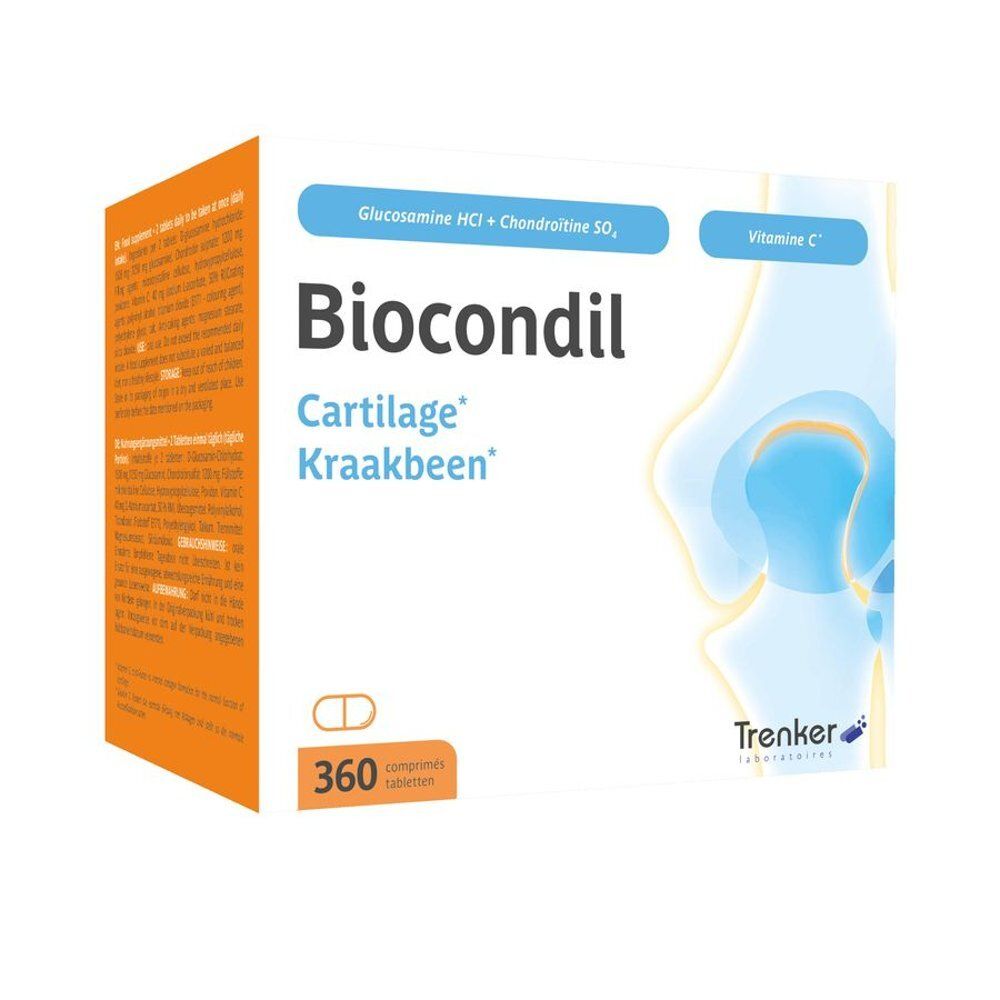 Boîte Biocondil. Carton blanc et orange avec nom du produit et ingrédients. 360 comprimés. Trenker Laboratories.