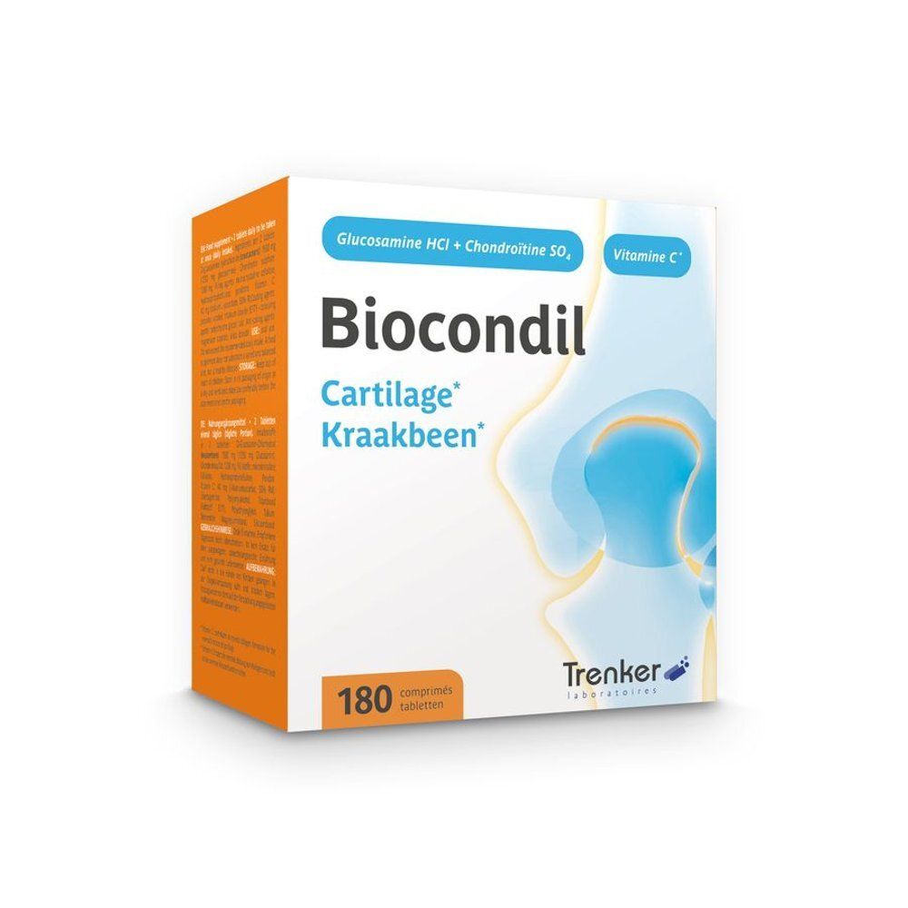 Biocondil-verpakking. Wit en oranje doos met productnaam, ingrediënten en 180 tabletten. Trenker-logo.