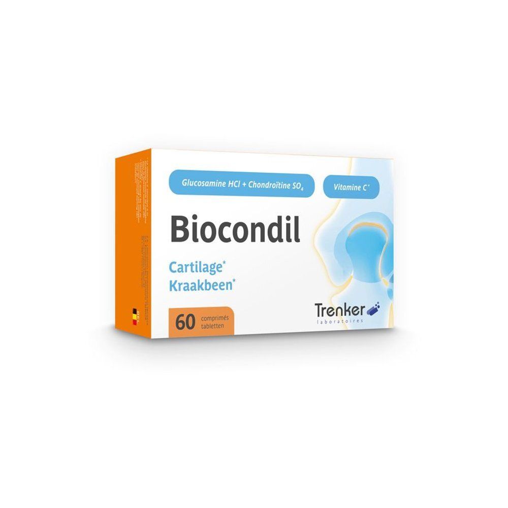 Verpakking Biocondil tabletten. Bevat 60 tabletten. Opschrift: Kraakbeen, Vitamine C, Glucosamine, Chondroïtine. Merk: Trenker.