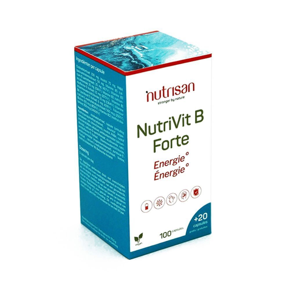 Emballage du produit. Inscription: NutriVit B Forte. 100 + 20 capsules. Marque: nutrisan.