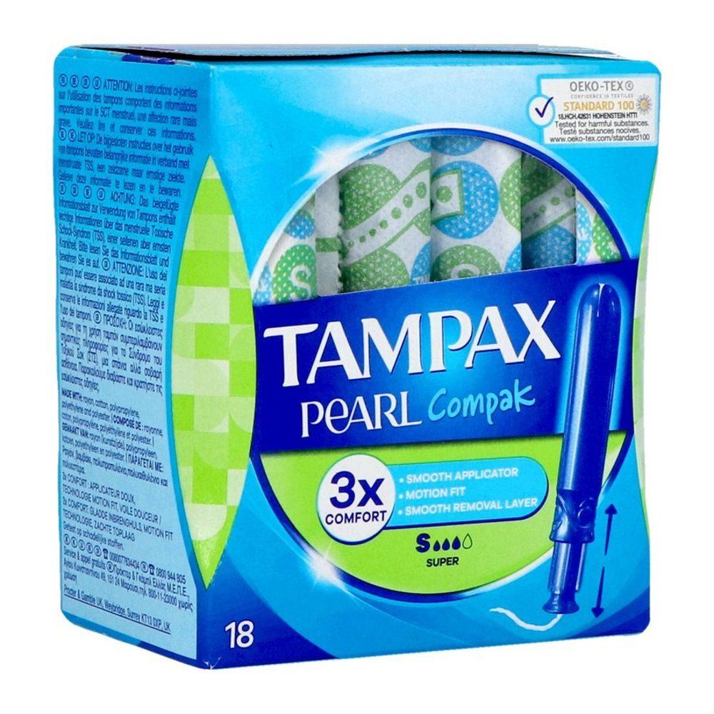 Verpakking van Tampax Pearl Compak tampons. Blauwe verpakking. 18 stuks, Super. Met applicator. OEKO-TEX certificering.