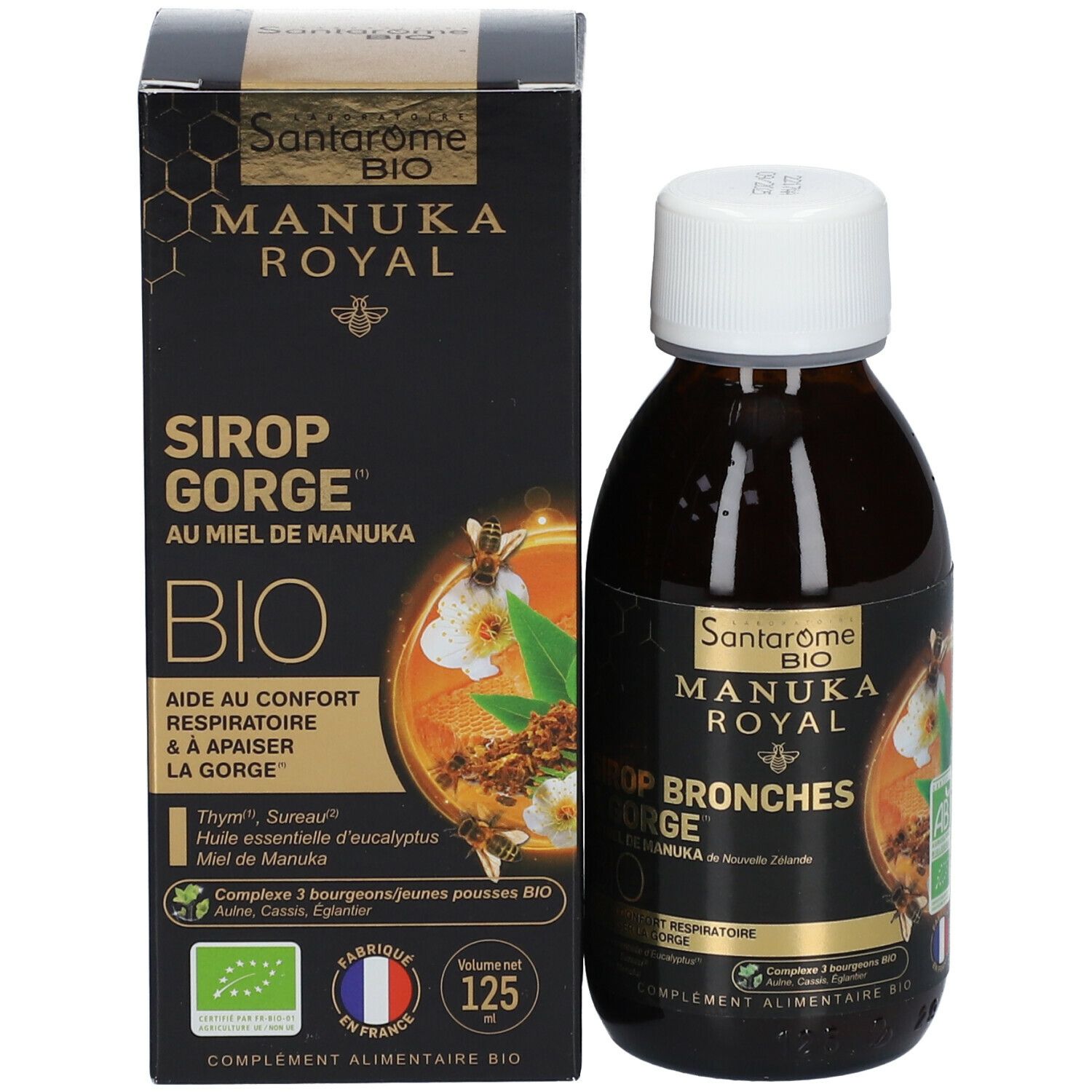 Productfles en verpakking. Bruine fles, zwarte verpakking. Productnaam, bio-label en Franse tekst.