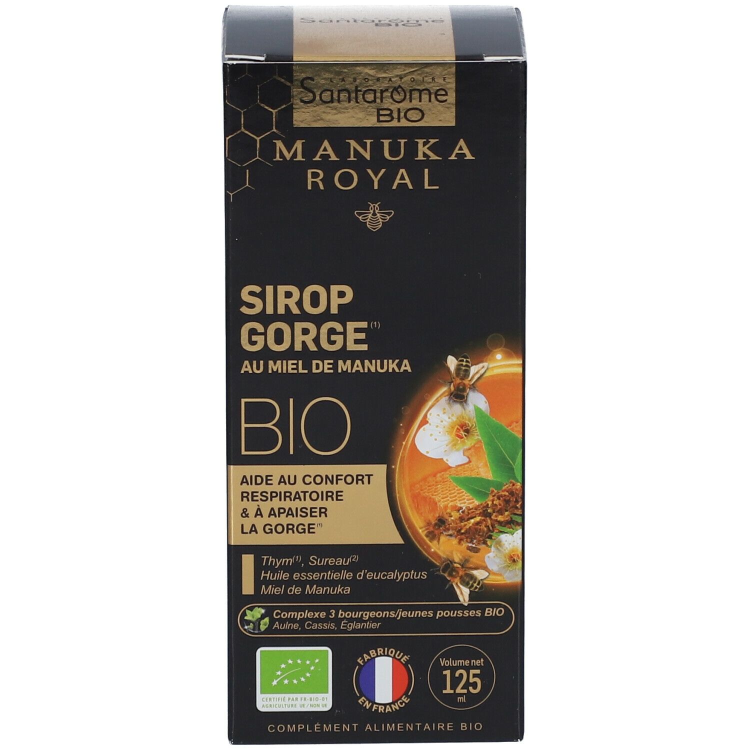 Zwarte productverpakking. Productnaam, bio-label en Franse tekst. Honingmotief.