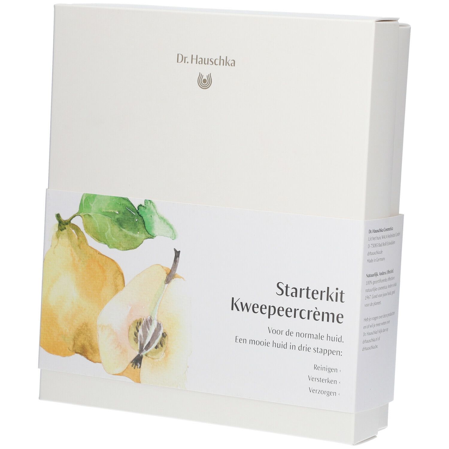 Witte doos met opdruk. Illustratie van kweeperen en bladeren. Tekst: Starterkit Kweepeercreme.