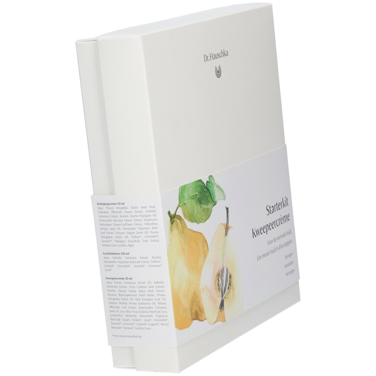 Witte doos, zijaanzicht. Illustratie van kweeperen. Tekst: Starterkit Kweepeercreme. Dr. Hauschka logo.