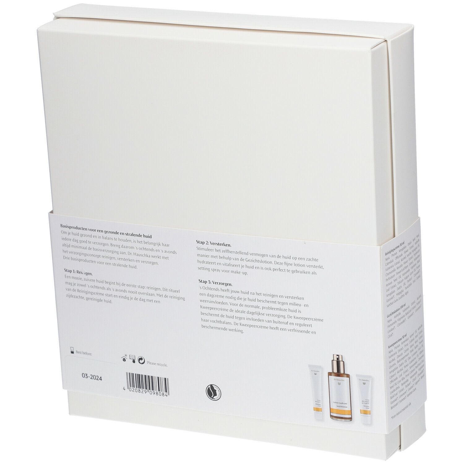 Witte doos, achterkant. Tekst en afbeeldingen van producten. Dr. Hauschka logo. Tekst in het Nederlands.