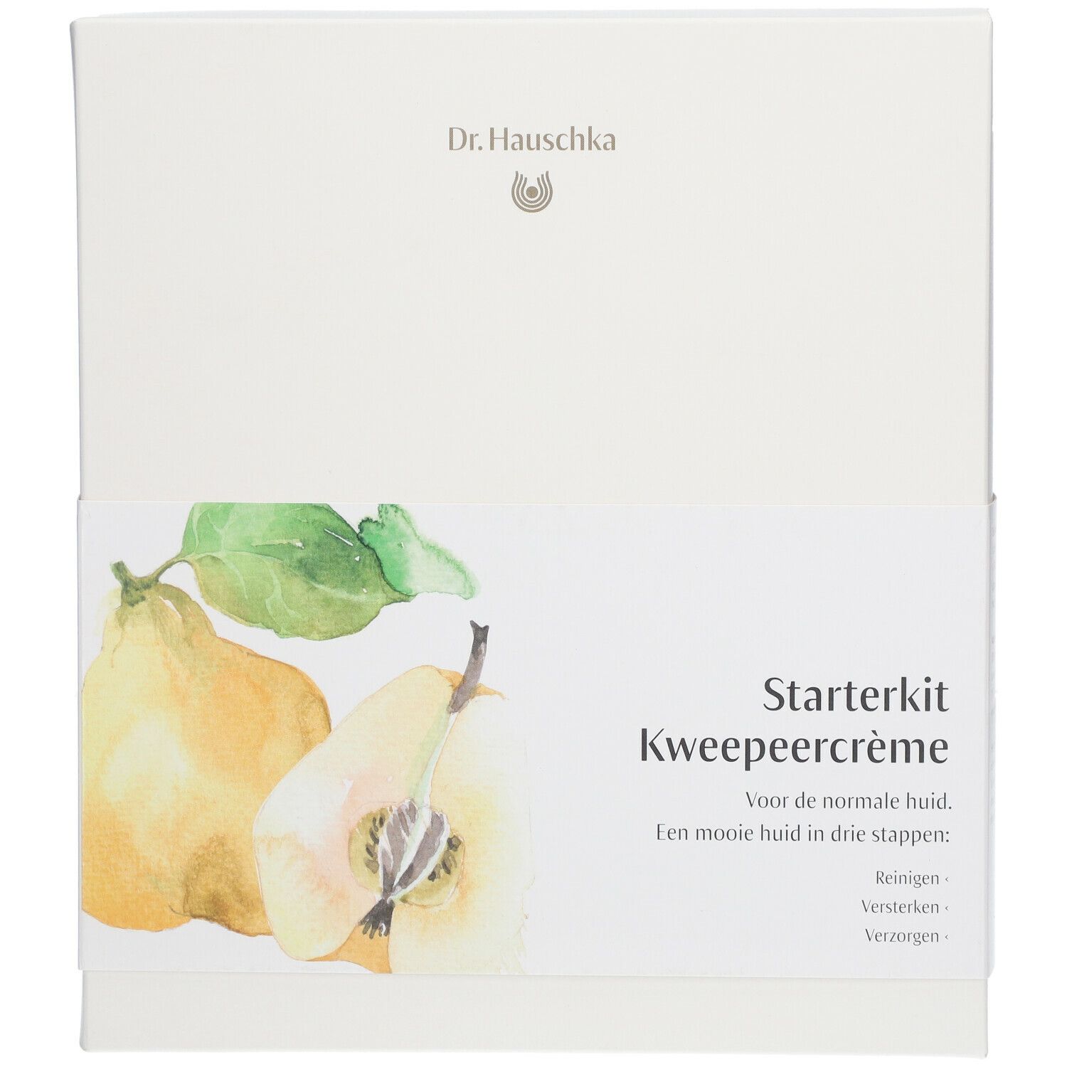 Witte doos met opdruk. Illustratie van kweeperen en bladeren. Tekst: Starterkit Kweepeercreme. Dr. Hauschka logo.