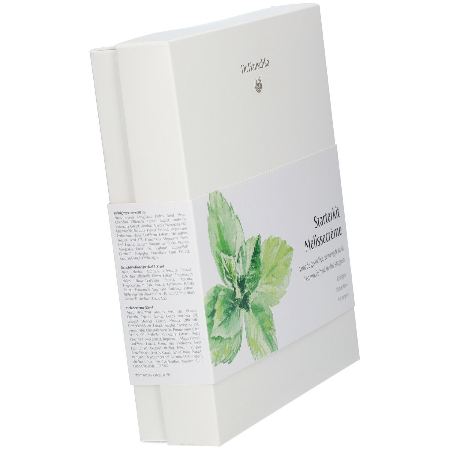 Boîte blanche avec impression. Devant : logo et texte. Sur la bande : illustration et texte.