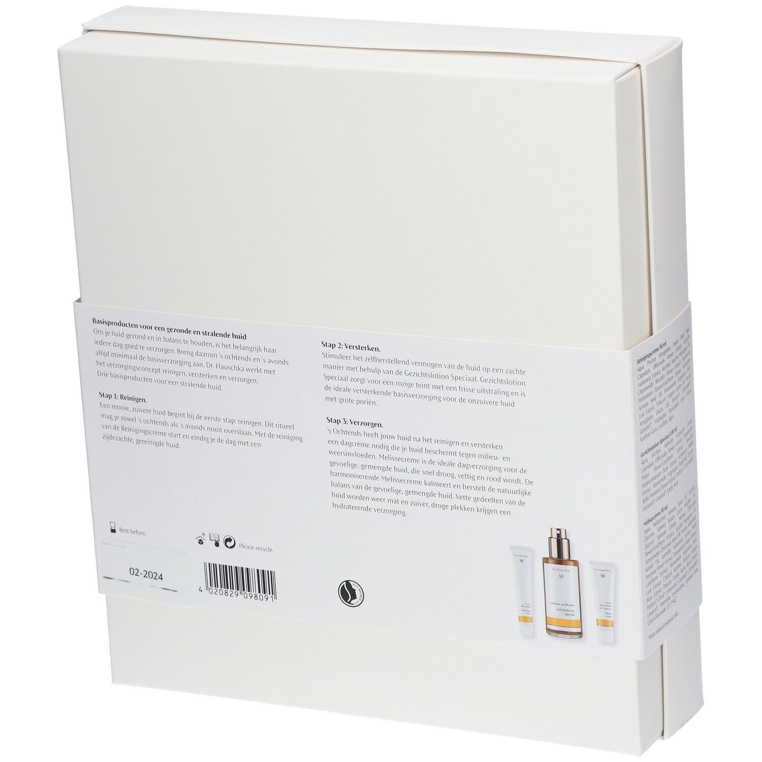 Boîte blanche avec texte et illustrations. Dos avec texte et illustrations de produits.