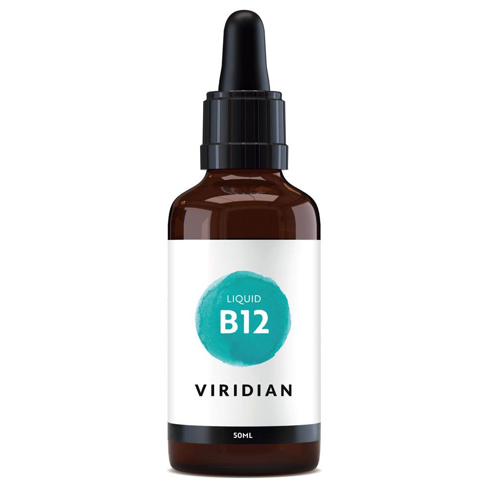 Flacon en verre brun avec bouchon noir et pipette. Étiquette "Liquid B12", "Viridian" et "50ml".