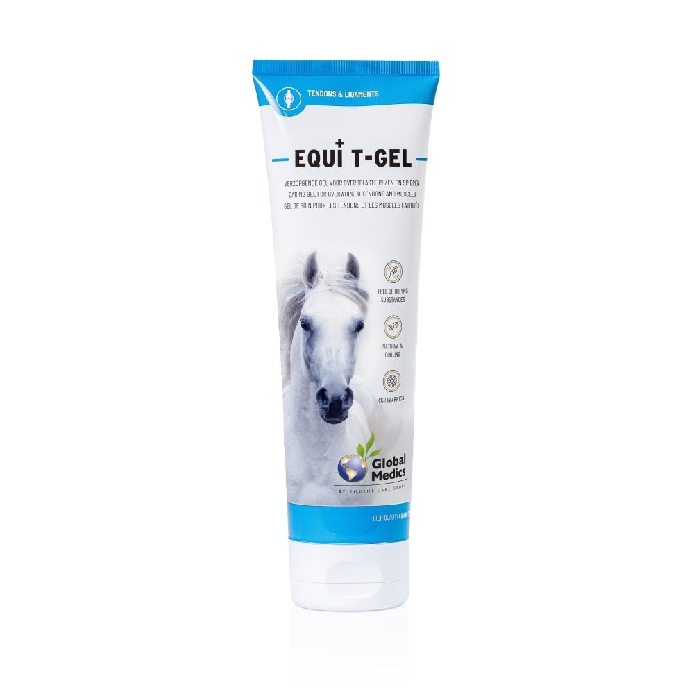 Tube de gel Equi T pour tendons et ligaments. Montre un cheval et des informations produit.