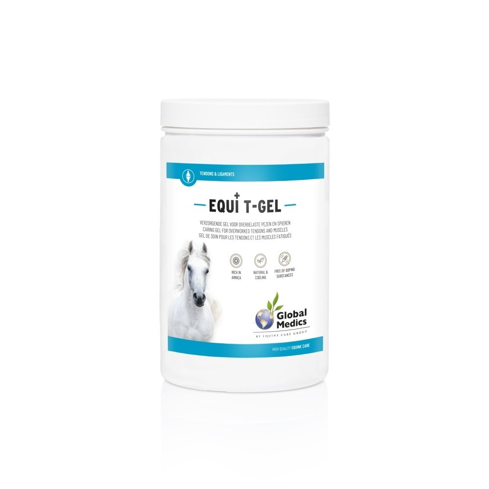 Pot blanc d'Equi T-Gel, texte français. Montre un cheval et des informations produit.