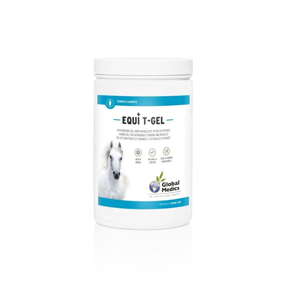 Witte pot Equi T-Gel, Nederlandse tekst. Toont paard en productinformatie.
