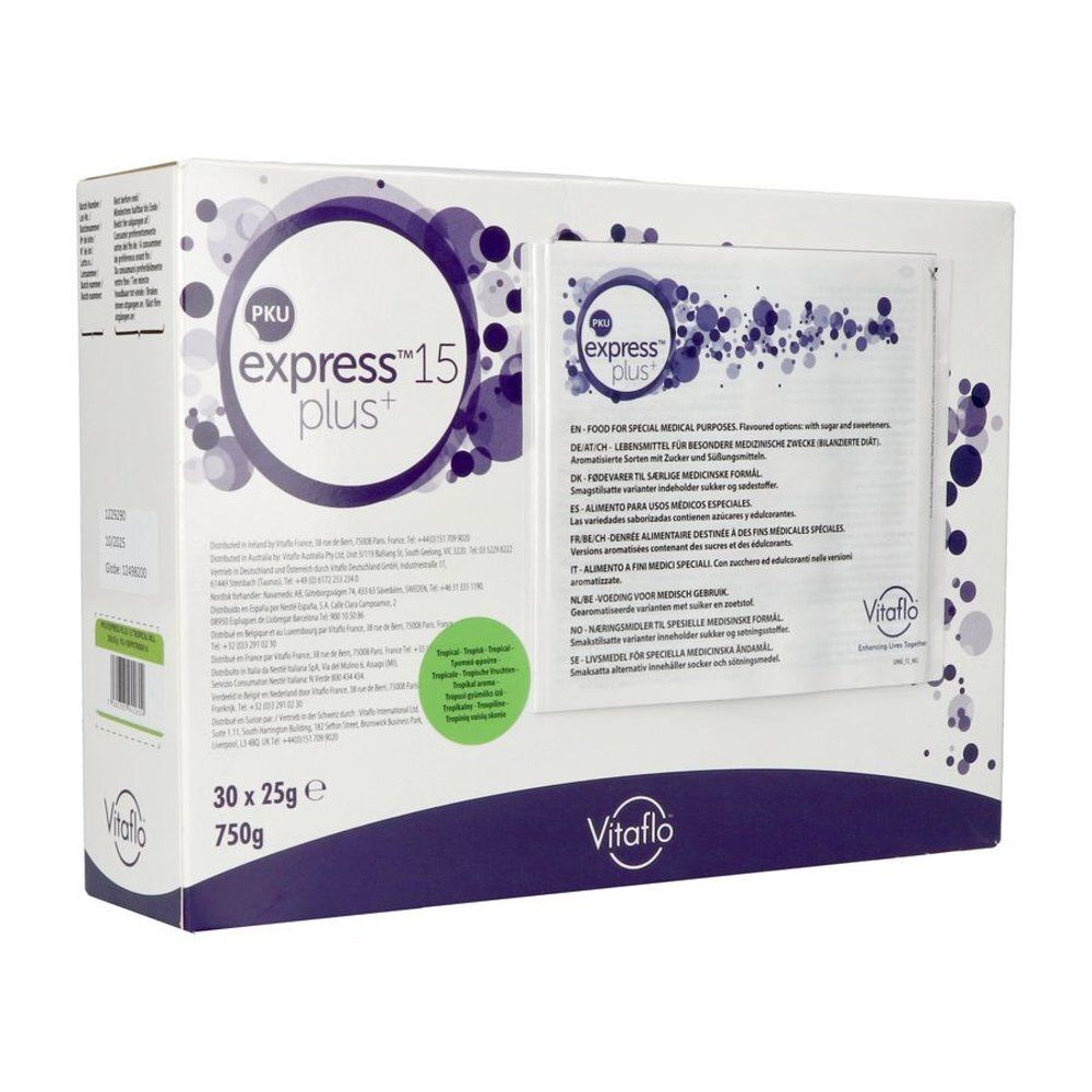 Verpakking van Vitaflo Pku Express Plus 15. Opschrift: PKU express+ 15 plus. Bevat 30 zakjes van 25g. Merk Vitaflo.