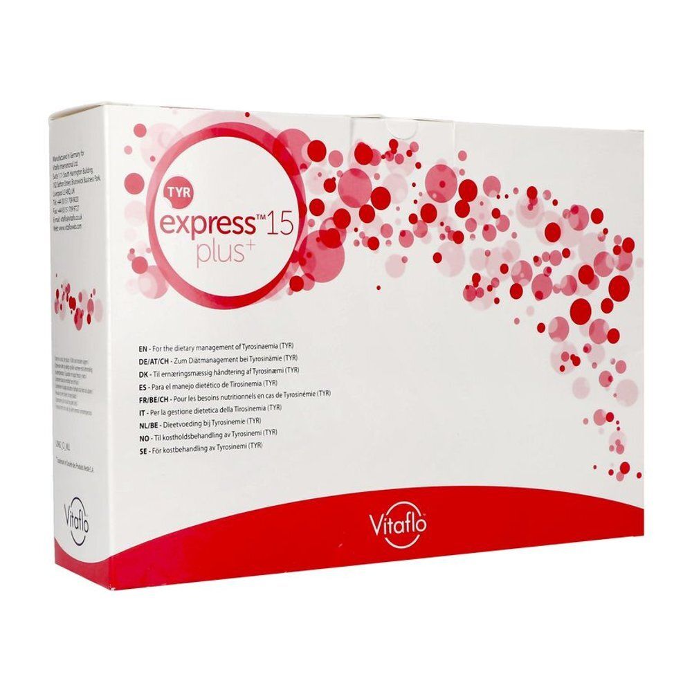 Witte verpakking met rood cirkelontwerp. Opschrift: Tyr Express Plus 15. Merk: Vitaflo.