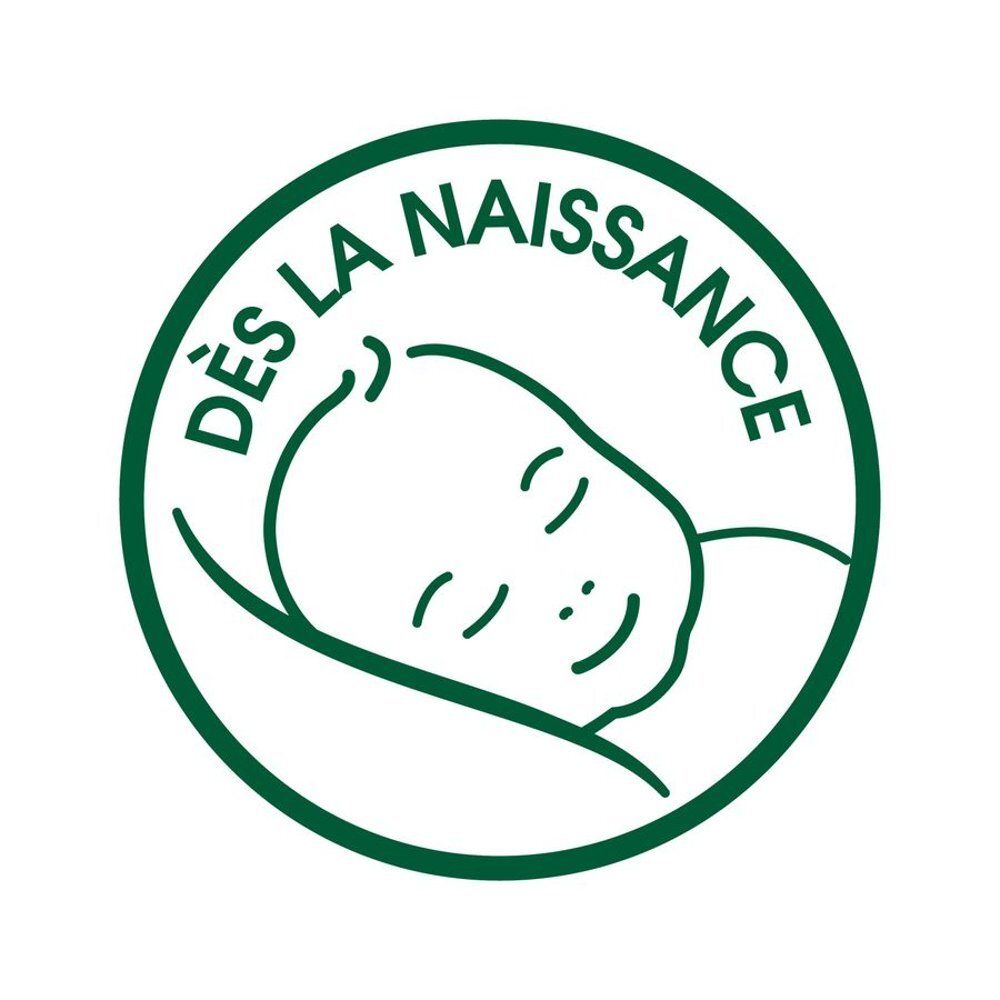 Logo vert rond avec texte: Dès la naissance. Tête de bébé de profil.
