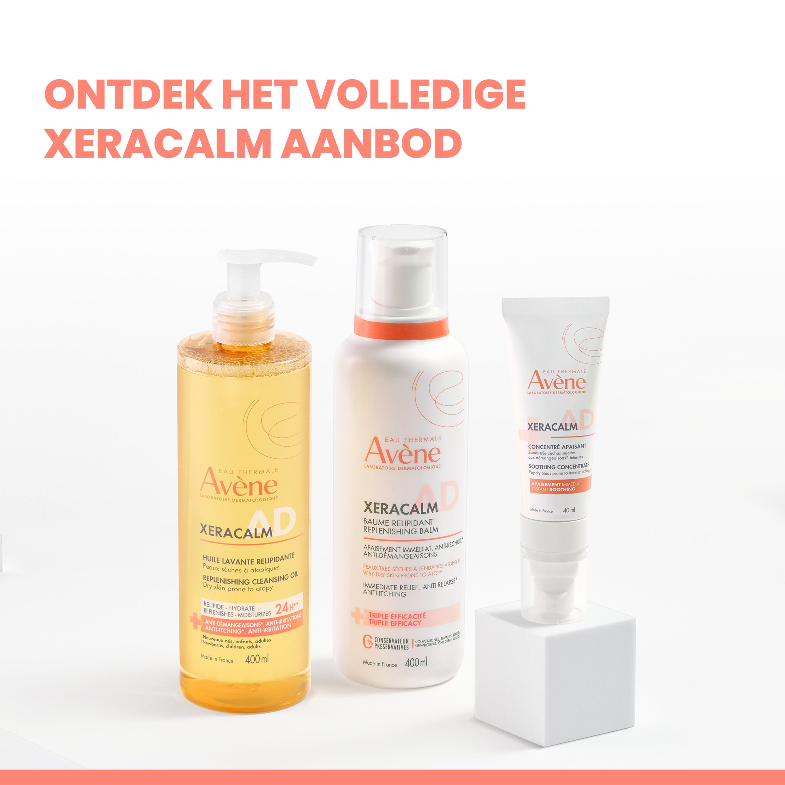 Avene Xeracalm A.D. reinigingsolie en andere producten uit de reeks.