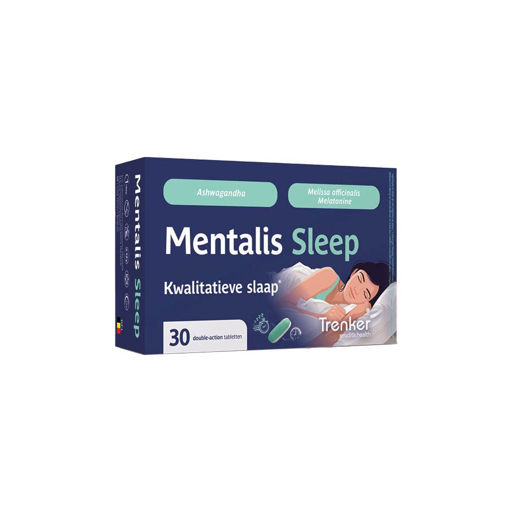 Verpakking Mentalis Sleep met 30 tabletten, Ashwagandha en Melatonine.
