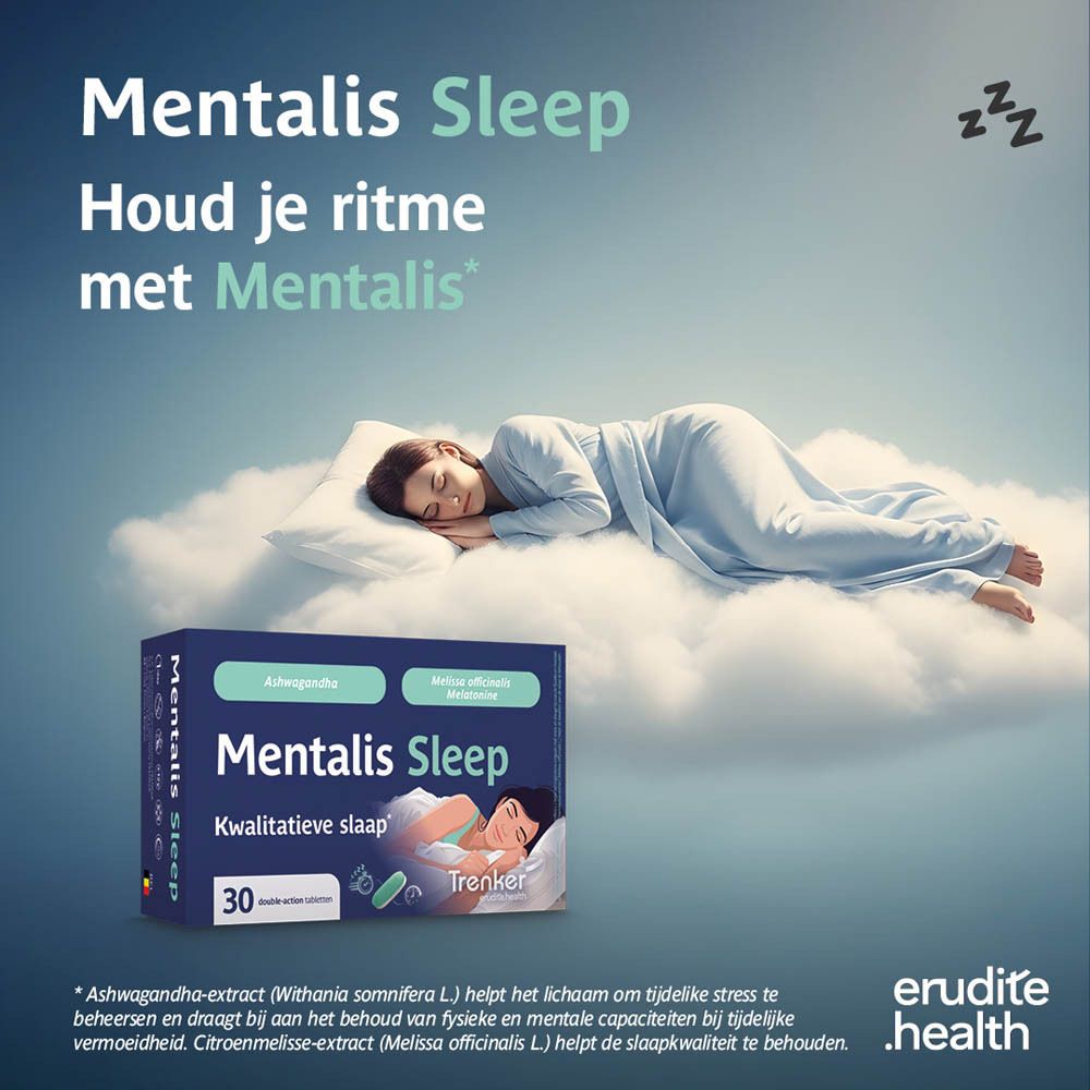 Verpakking Mentalis Sleep met 30 tabletten, Ashwagandha en Melatonine.