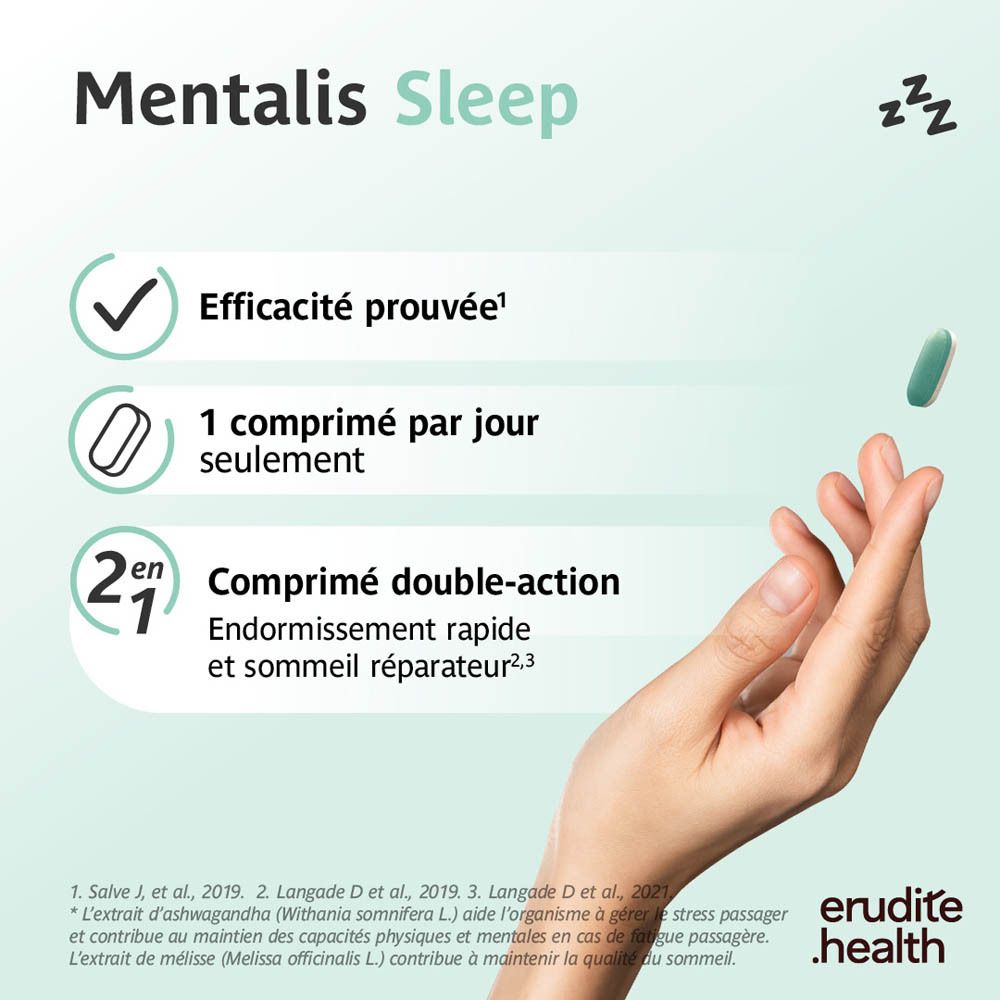 Boîte Mentalis Sleep de 30 comprimés, Ashwagandha et Mélatonine.