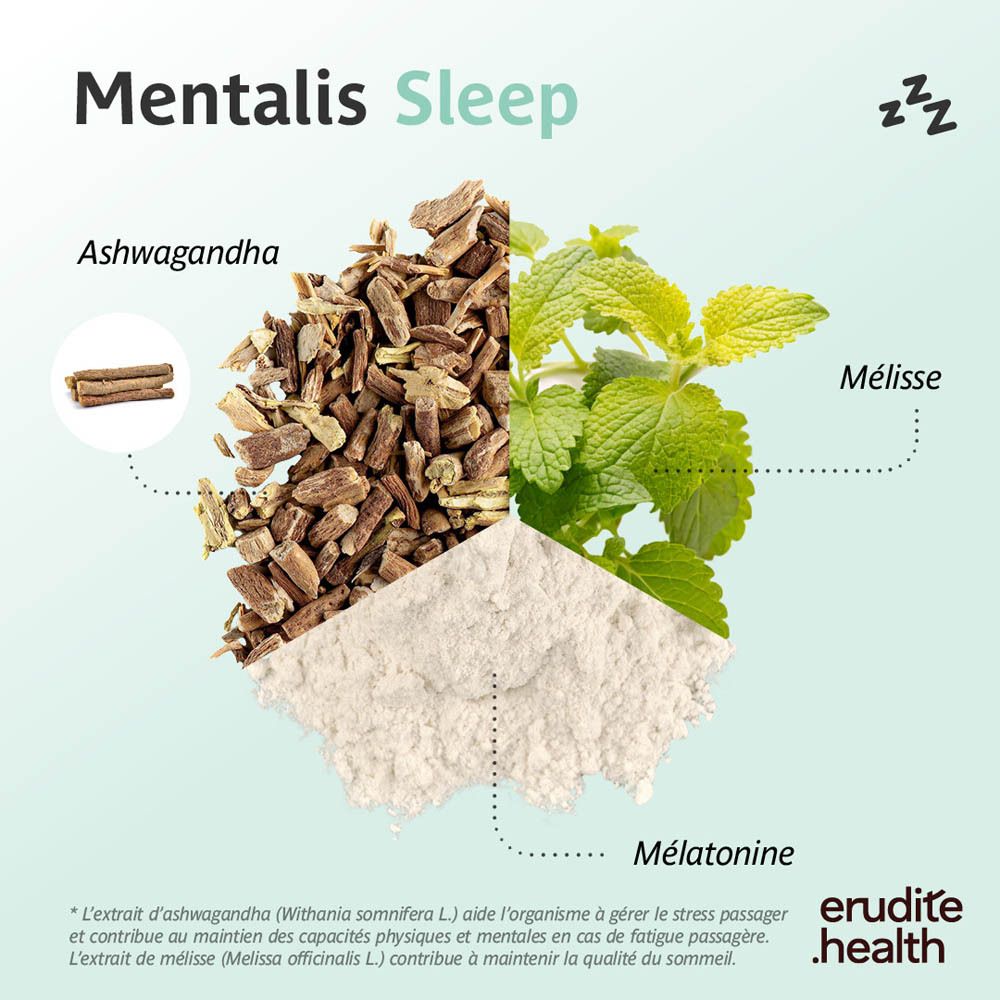 Boîte Mentalis Sleep de 30 comprimés, Ashwagandha et Mélatonine.