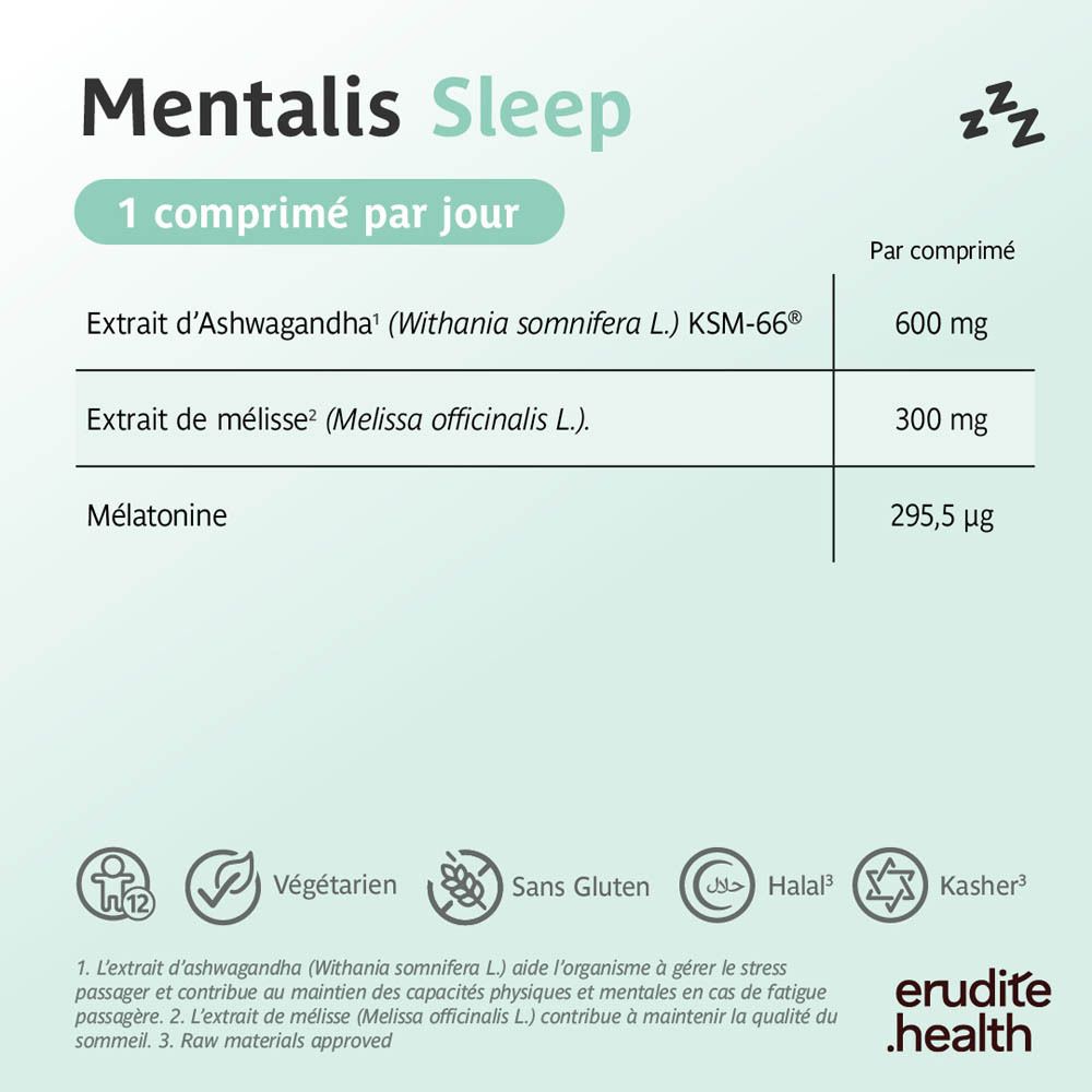 Boîte Mentalis Sleep de 30 comprimés, Ashwagandha et Mélatonine.