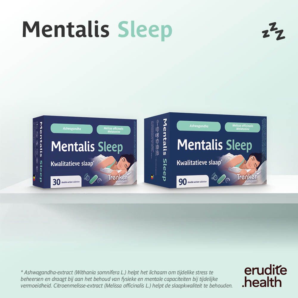 Verpakking Mentalis Sleep met 30 tabletten, Ashwagandha en Melatonine.