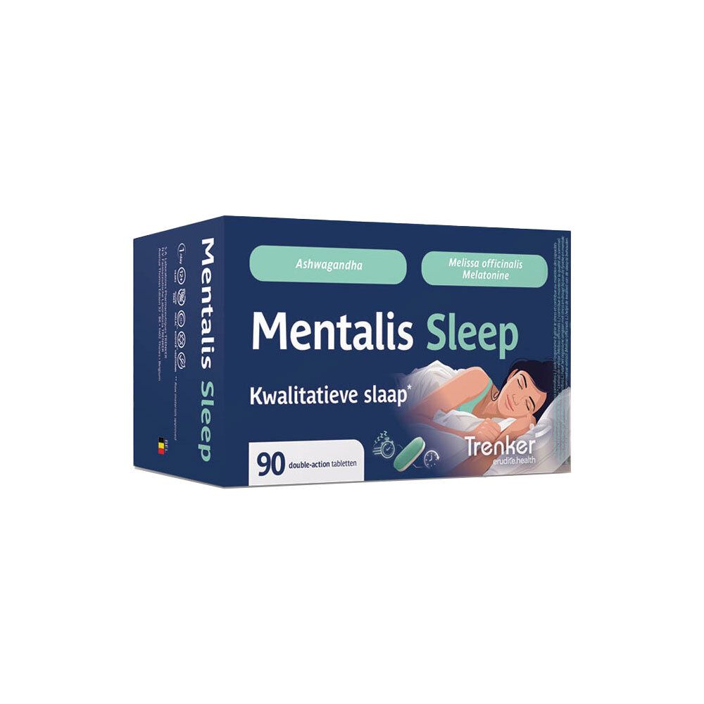 Doos met 90 Mentalis Sleep tabletten. Bevat Ashwagandha en Melatonine.