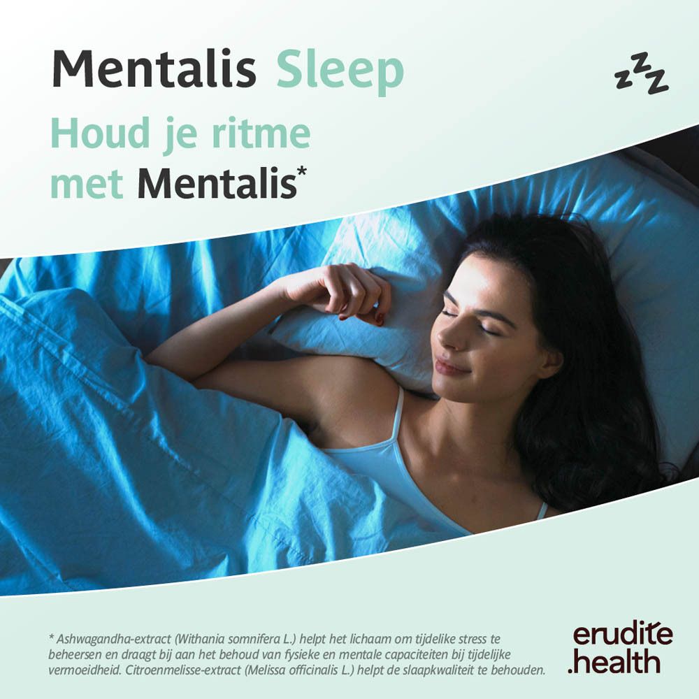 Doos met 90 Mentalis Sleep tabletten. Bevat Ashwagandha en Melatonine.