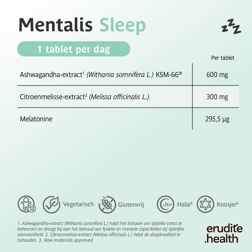 Doos met 90 Mentalis Sleep tabletten. Bevat Ashwagandha en Melatonine.