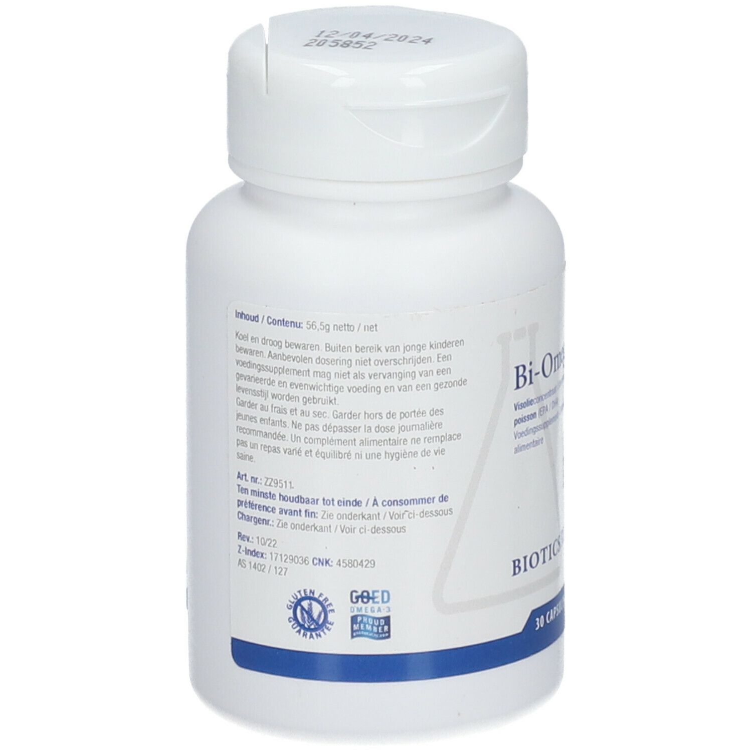 Achterkant van een witte fles met capsules. Tekst: Bi-Omega-1000, Biotics Research. Sticker: GOED, Glutenvrij.